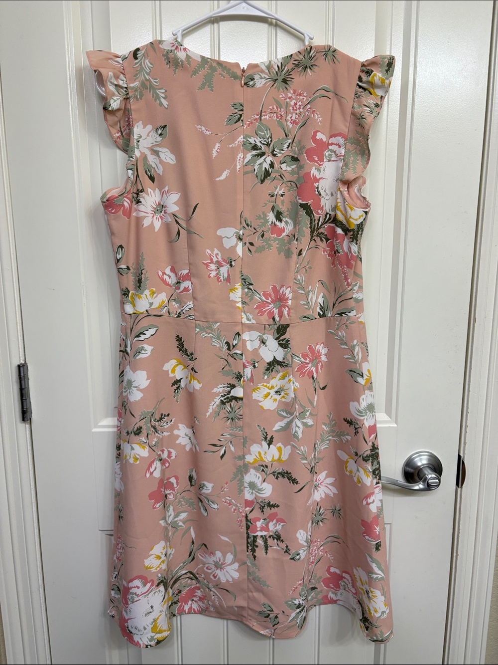 LOFT Peach Floral V-Neck Ruffle Sleeve Dress - Picture 7 of 9